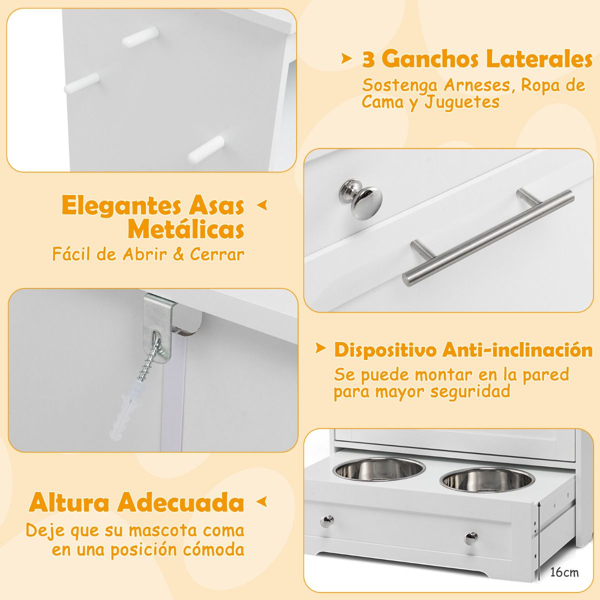 Estación de alimentación para mascotas con 2 cuencos de acero inoxidable armario contenedor de juguetes blanco - Imagen 6