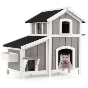 Casa De Gato de 2 Pisos Para Exterior - Refugio de Madera Impermeable con Techo Asfáltico, Múltiples Puertas de Escape y Ventanas (Gris)