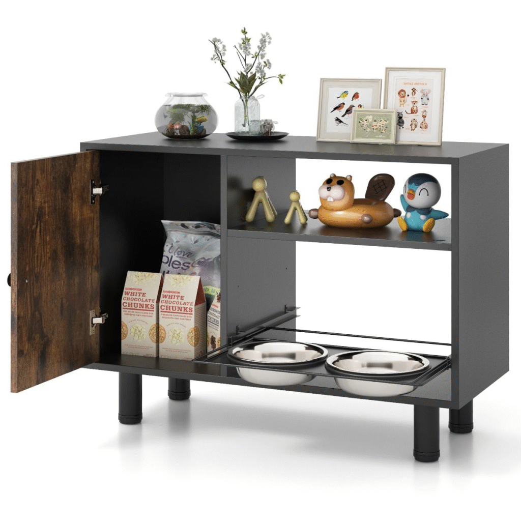 Gabinete De Alimentos Para Perros con Estación de Alimentación Elevada Ajustable - Mueble para Perros Medianos y Grandes con 2 Cuencos de Acero Inoxidable (Marrón)