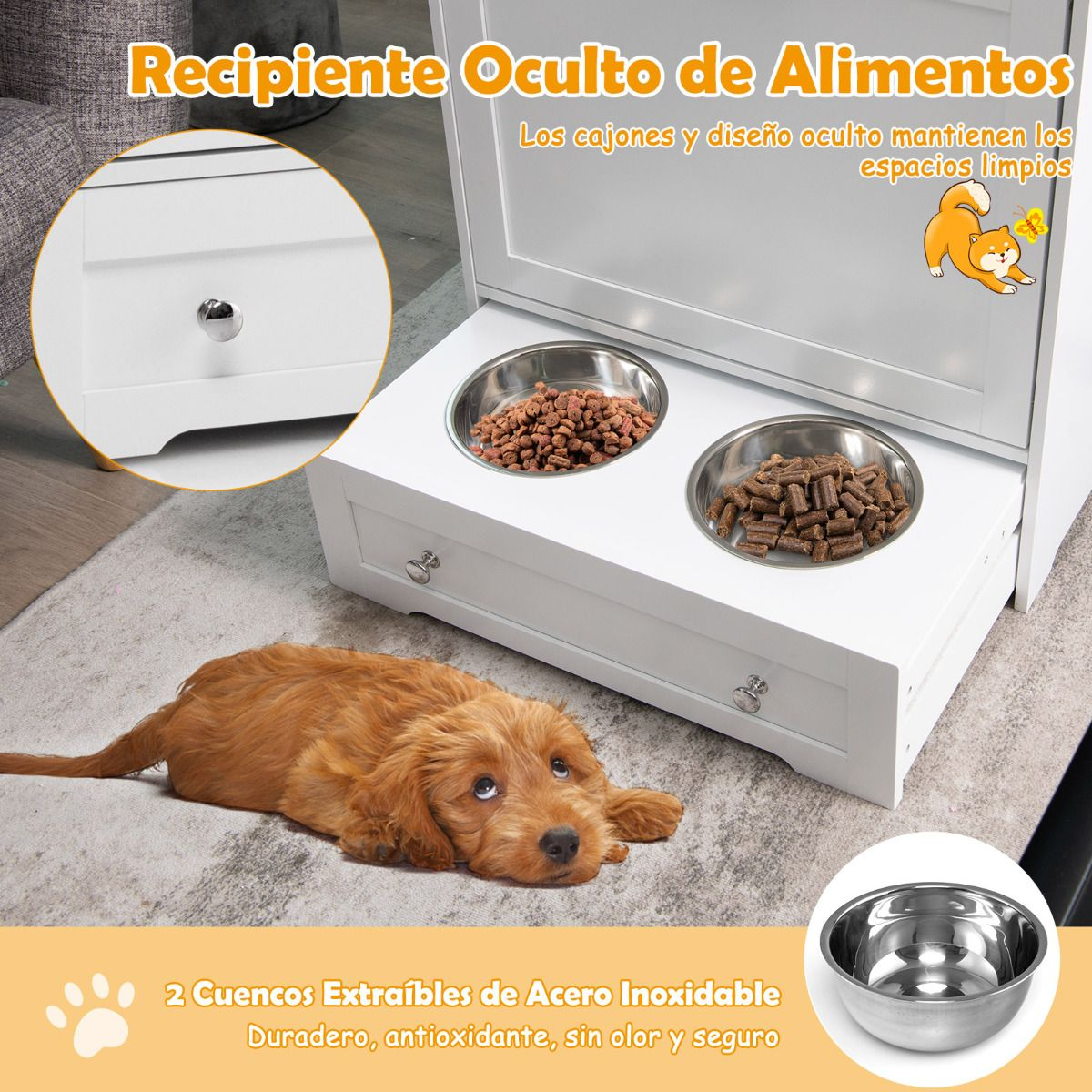 Estación de alimentación para mascotas con 2 cuencos de acero inoxidable armario contenedor de juguetes blanco - Imagen 5