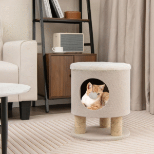 Mueble 3 en 1: otomana/taburete con condominio para gatos, poste rascador de papel kraft y bola colgante (40 x 40 x 47 cm)