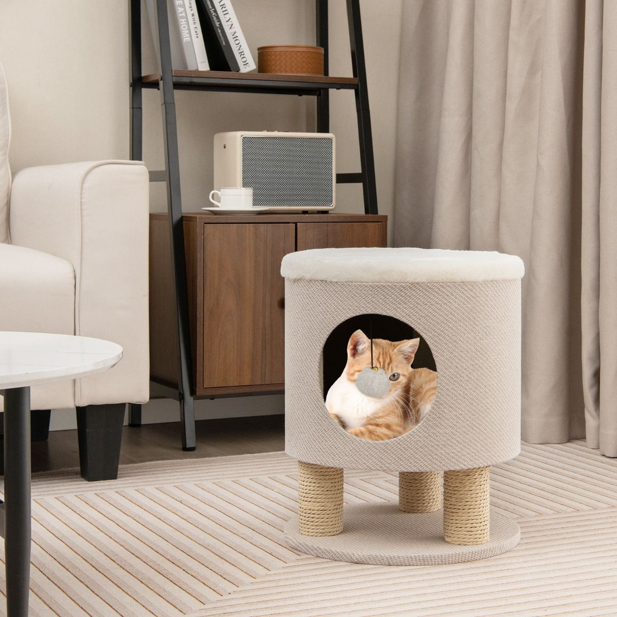 Mueble 3 en 1: otomana/taburete con condominio para gatos, poste rascador de papel kraft y bola colgante (40 x 40 x 47 cm)