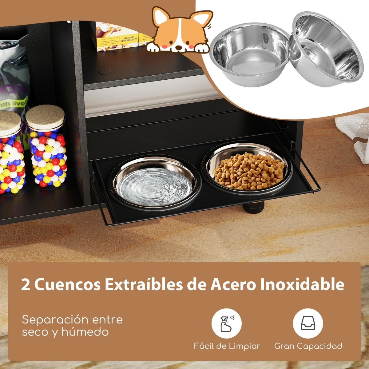 Gabinete de alimentos para perros con estación de alimentación elevada ajustable - Imagen 5