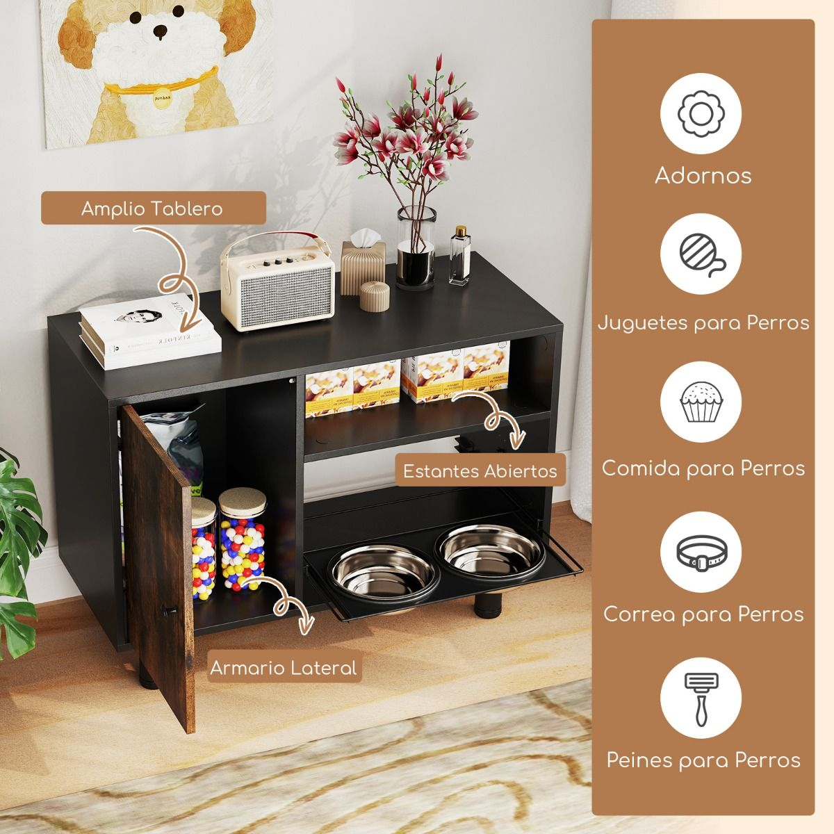 Gabinete de alimentos para perros con estación de alimentación elevada ajustable - Imagen 7