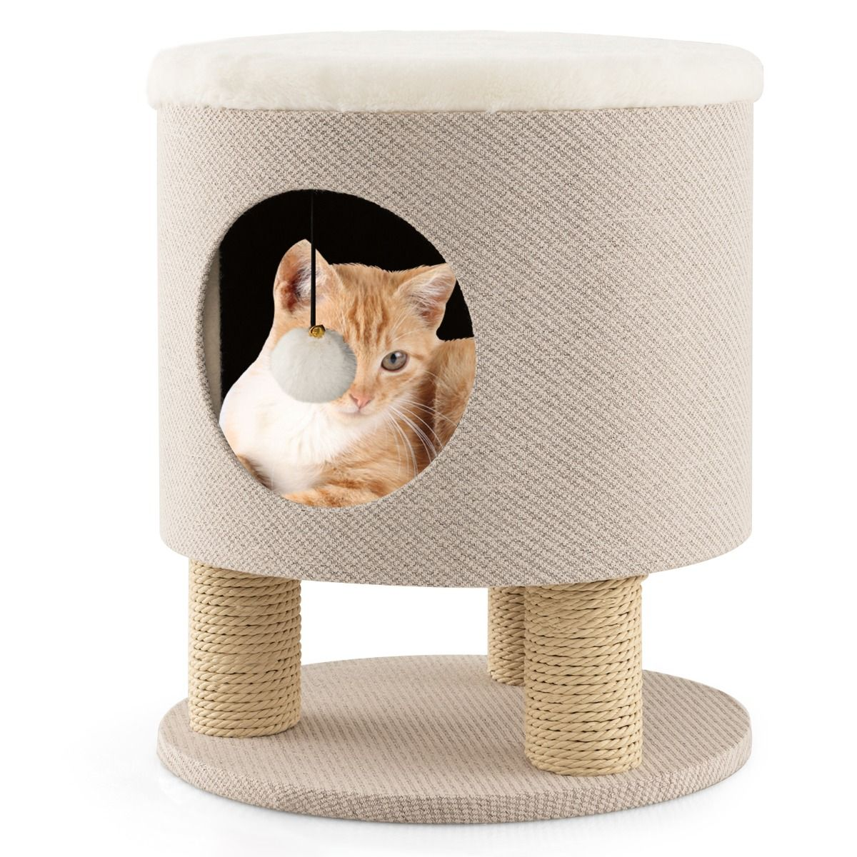 Mueble 3 en 1: otomana/taburete con condominio para gatos, poste rascador de papel kraft y bola colgante (40 x 40 x 47 cm)