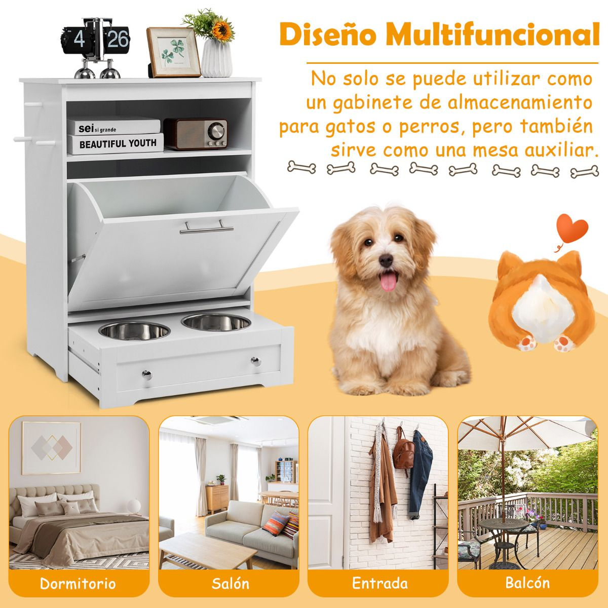 Estación de alimentación para mascotas con 2 cuencos de acero inoxidable armario contenedor de juguetes blanco - Imagen 9