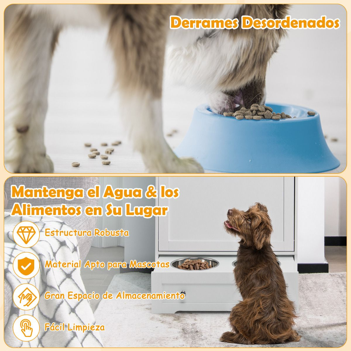 Estación de alimentación para mascotas con 2 cuencos de acero inoxidable armario contenedor de juguetes blanco - Imagen 8